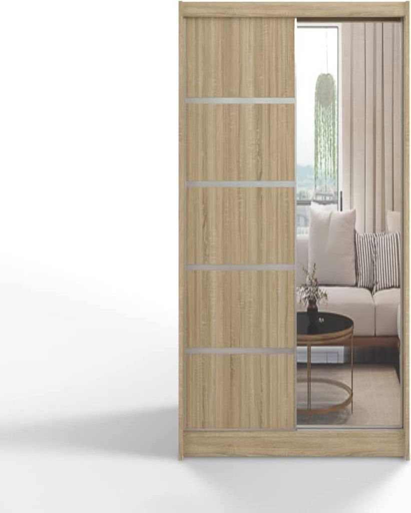ML Furniture D3 Schiebetüren Kleiderschrank 100 cm mit Spiegel - Schlafzimmermöbel, Aufbewahrung - Mehrzweckschrank - Farbe: Sonoma
