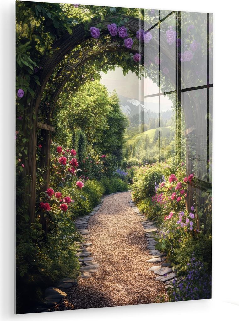 MuchoWow Glasbilder - Bilder auf Wandbild - Foto auf Glas Ausblick - Landschaft - Blumen - Gartenbogen - Natur 60x80 cm Wanddekoration aus Glas - A...
