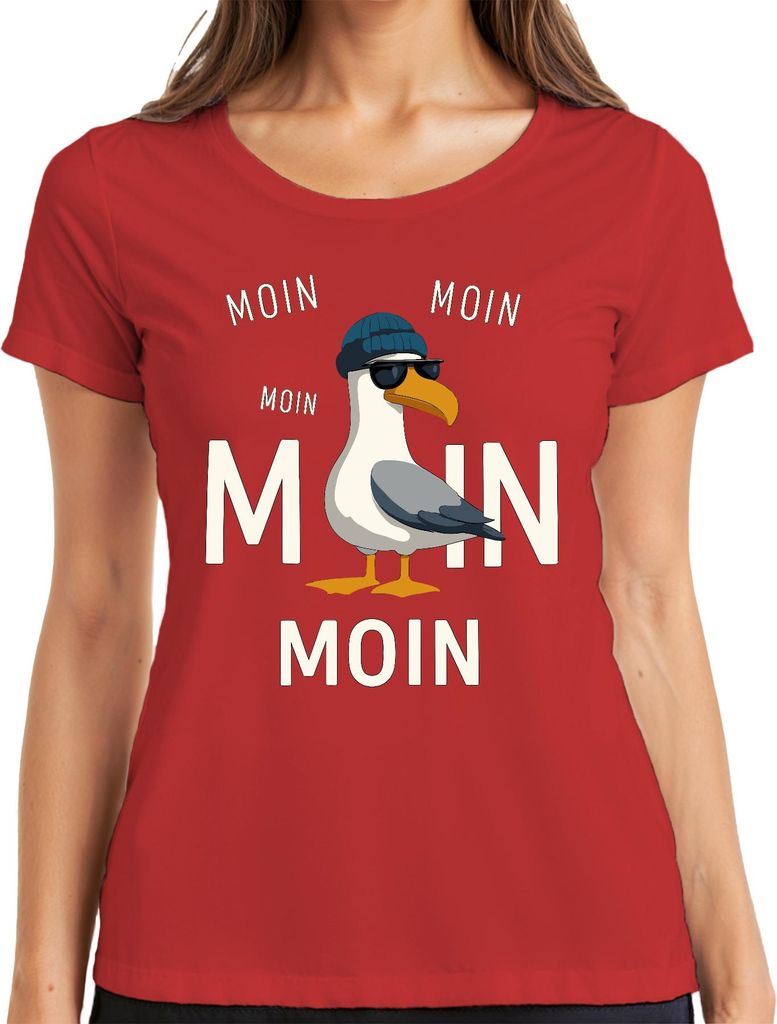 Moin Möwe Nordsee Küste Maritim Inselurlaub Seefahrer Cool Lässig Damen T-Shirt, Rot, L