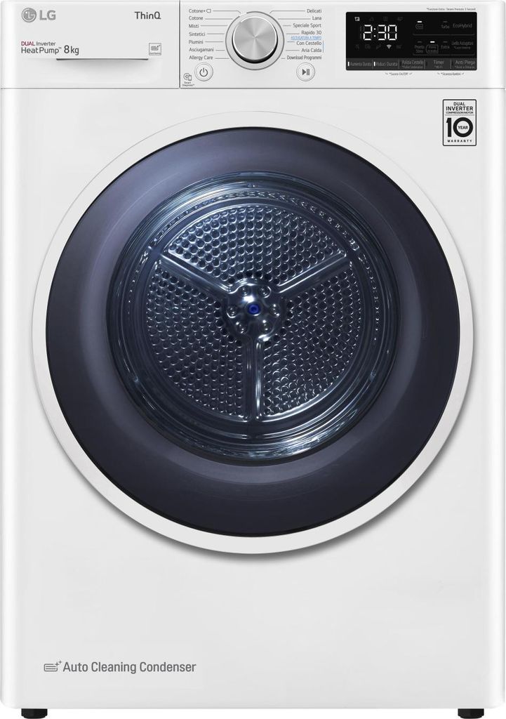 A white LG ThinQ dryer is shown from the front.