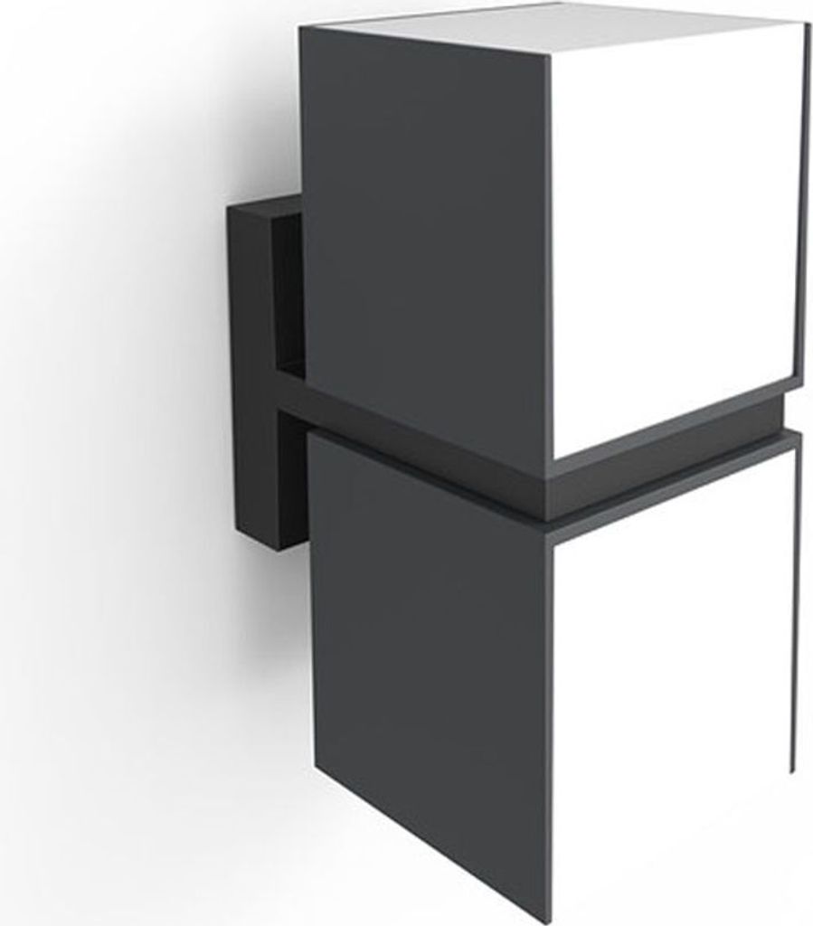 A modern, cube-shaped outdoor wall light with two light sources, mounted on a wall.