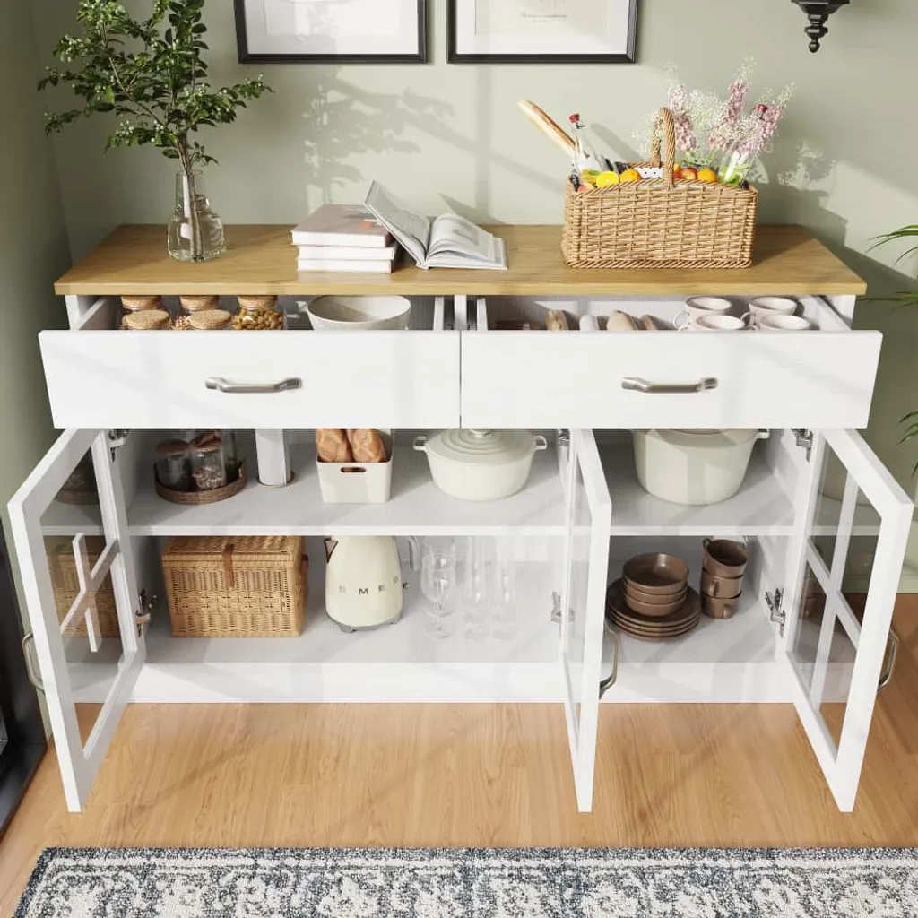 Buffet bas blanc 120cm avec vitrine design et grands rangements salon