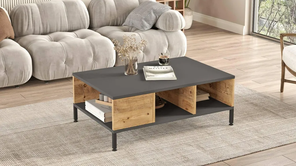 Table basse Lemie 90x60x33h cm Chêne Marron avec 3 Compartiments - 4
