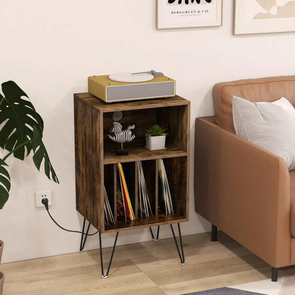 Meuble Vinyle Vintage Marron Rustique avec Étagère et Rangement Disque