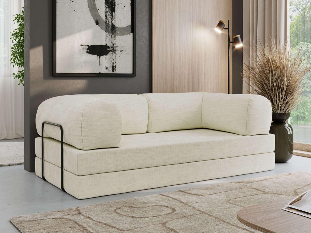 MKS MEBLE Schlafsofa 3-Sitzer ORSETTO 200 cm Sofa mit Schlaffunktion & Metallrahmen Modernes Design Ausziehcouch, HR-Schaum - Creme Schenille glatt