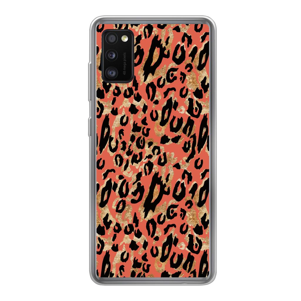 MuchoWow Handyhülle Schutzhülle Hülle für Samsung Galaxy A41 Pantherdruck - Gold - Rosa Silikon Softcase Handy Hülle - Mobiltelefon