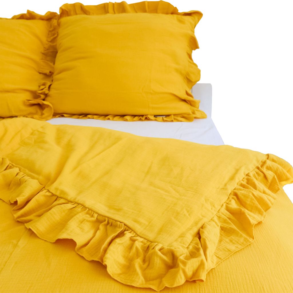 Musselin Bettwäsche Mit Rüschen Set Schlafzimmer Bettdeckenbezug 160X200 Cm + 2 Kissenbezüge 70X80 Cm Senfgelb