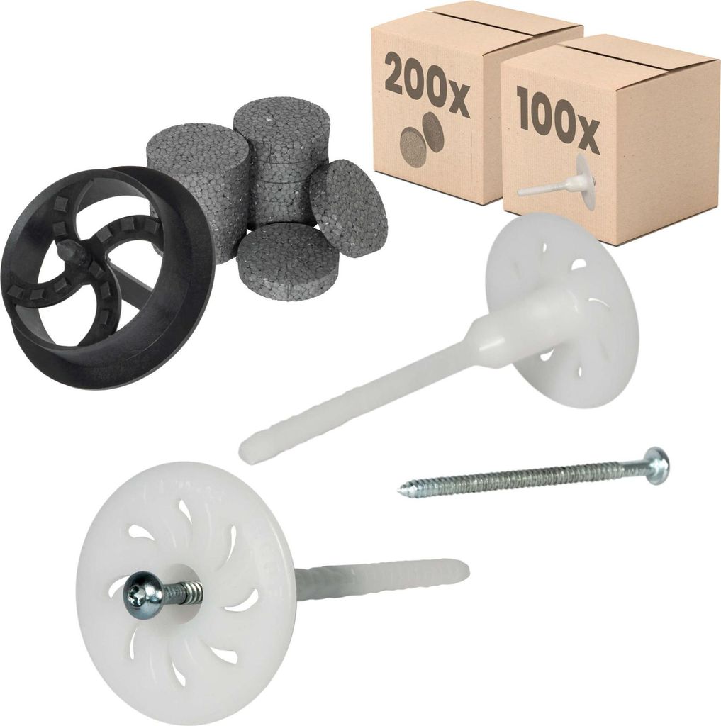 PROTEKTOR 100x Dämmstoff-Schraubdübel Set Ø8x120mm vormontiert (inkl. 200x Rondelle + 1 Fräser)