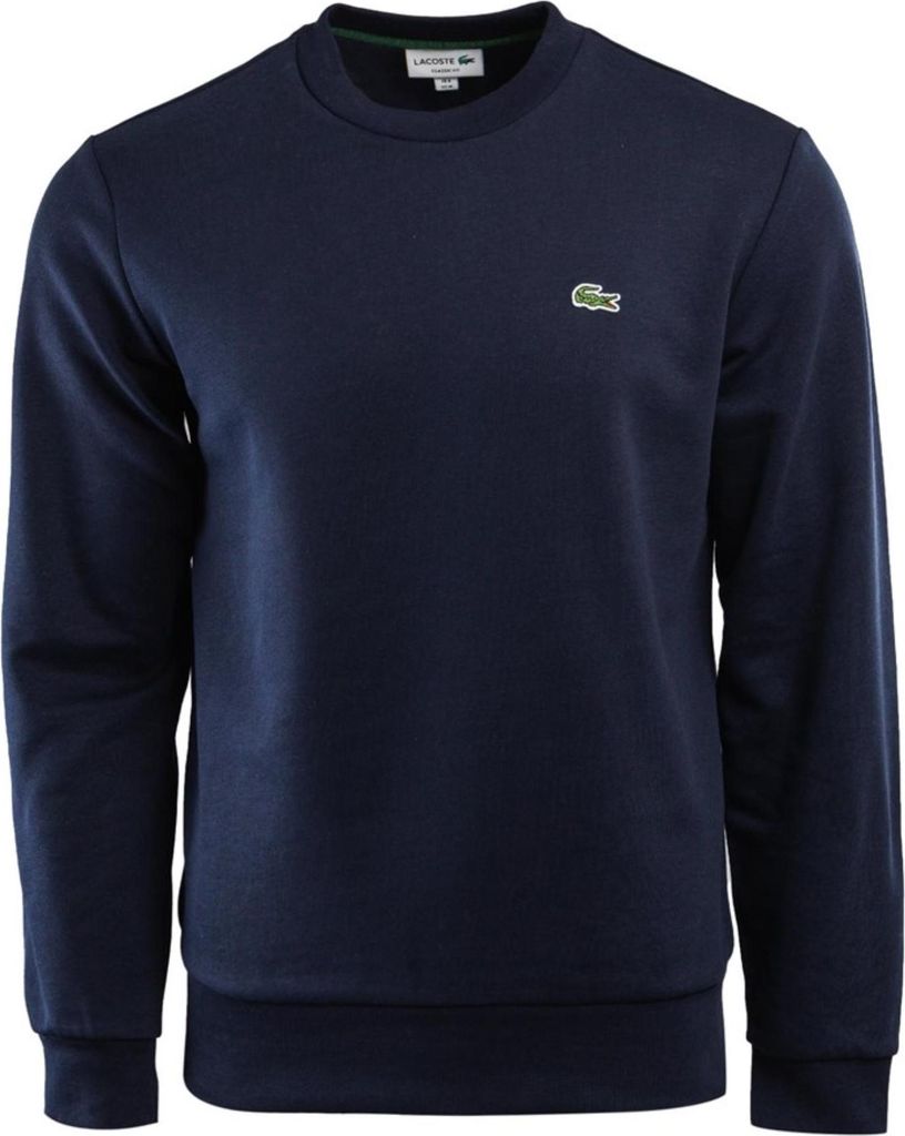 A navy blue Lacoste sweatshirt is shown front and center against a white background.
