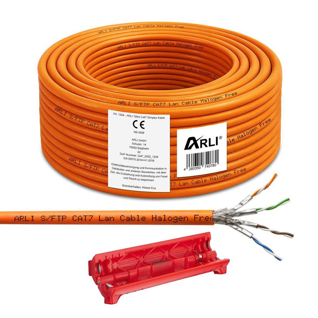 ARLI Cat7 100m Verlegekabel Netzwerkkabel S/FTP PIMF halogenfrei + Universal Kabelmesser Abisolierwerkzeug