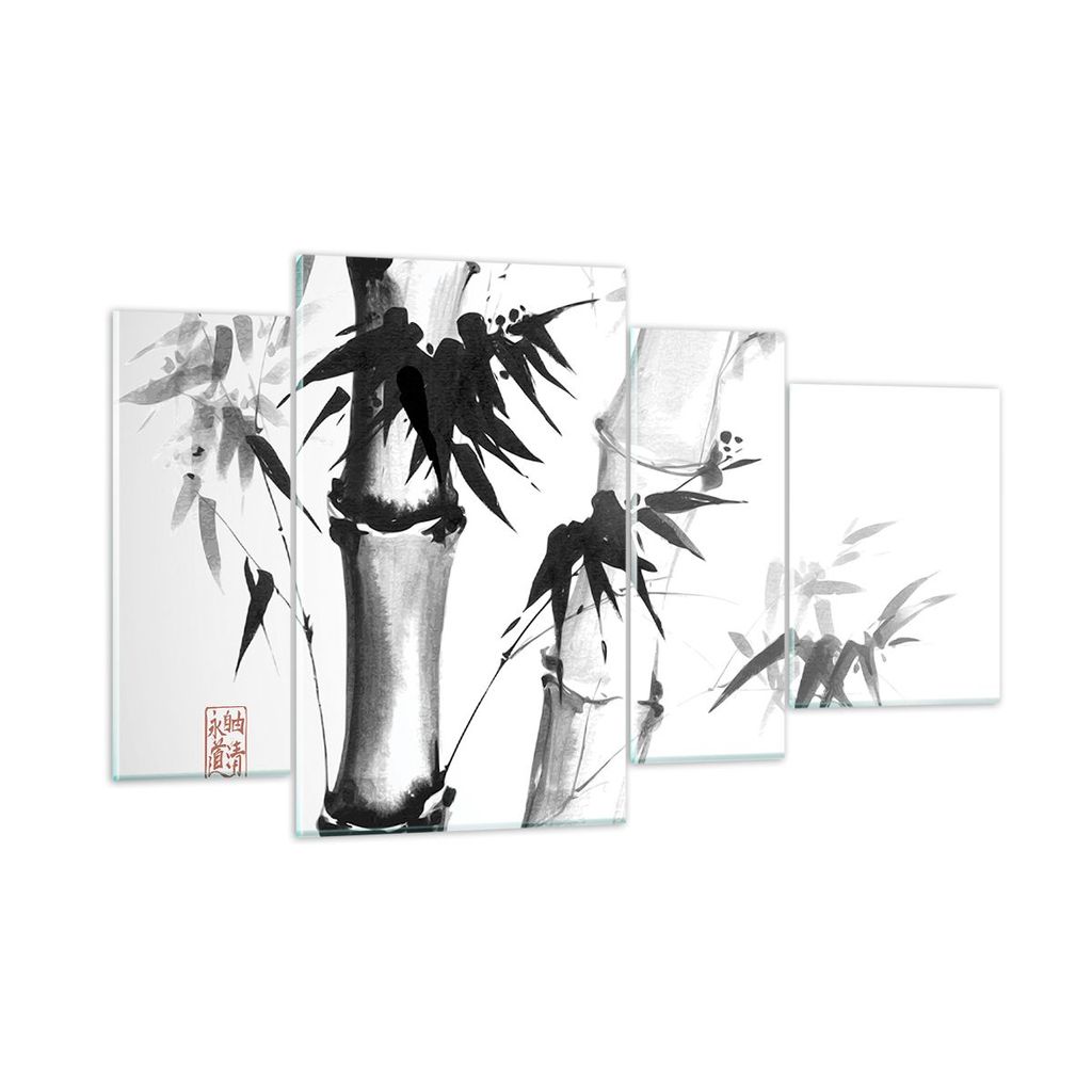 Bilder auf glas - 4 Teile - Asiatisch Aquarell Bambus - 120x70cm - Glasbilder - Wandbilder - Bilder - zum Aufhängen bereit - Wanddekoration aus Gl...