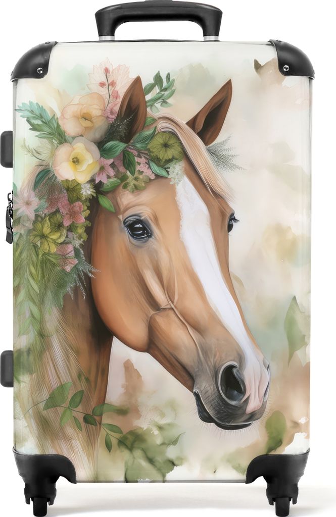 NoBoringSuitcases.com Großer Koffer - Pferd - Blumen - Natur - Aquarell - Tiere - Kombinationsschloss TSA - Hartschalen Trolley 4 Rollen - 72 li...