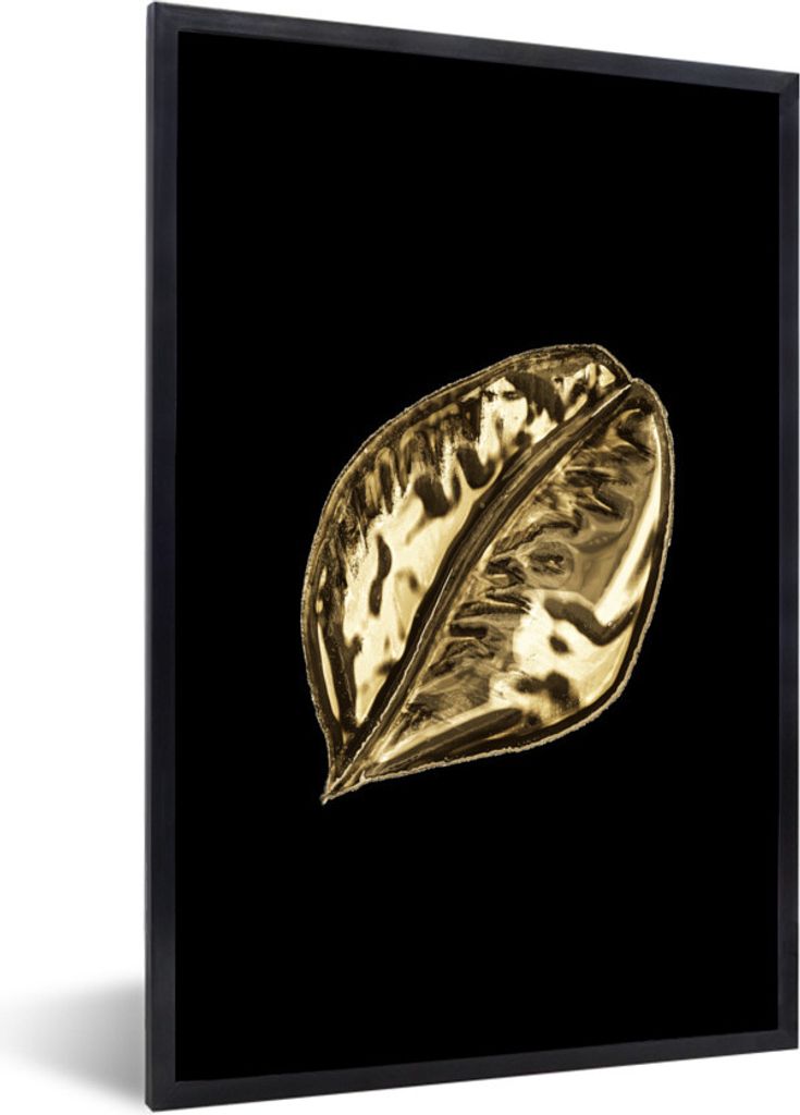 MuchoWow MuchoWow Gerahmtes Poster Blatt - Schwarz und Gold - Pflanze 20x30 cm - Poster mit zchwarzem Bilderrahmen - Drucken - Bilder Poster im...