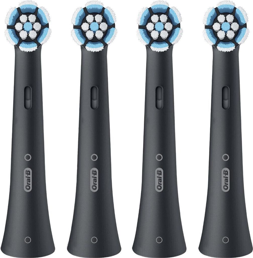 Four black Oral-B iO toothbrush heads are arranged in a row against a white background.