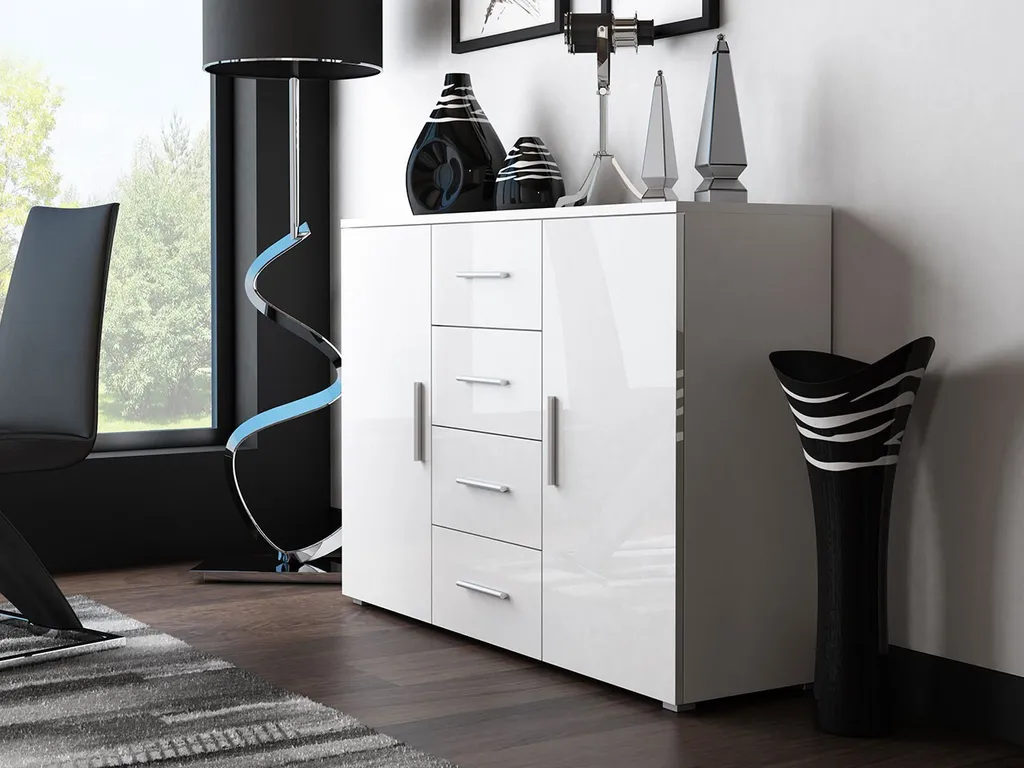 Meuble de rangement blanc brillant LETHEM - Commode design pour salon