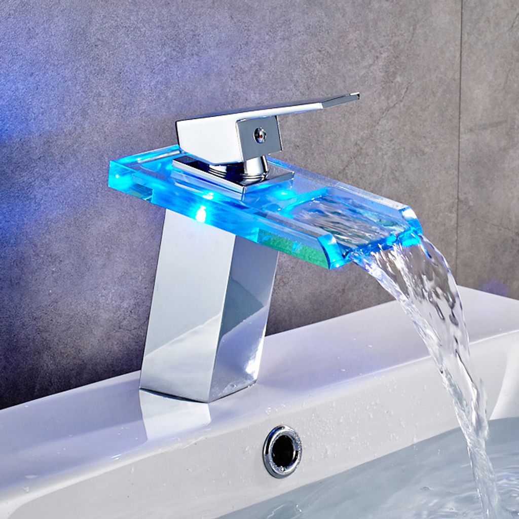 Wasserhahn Farbwechsel-Wasserhahn Waschtischarmatur Wasserfall-Waschtischarmatur Badezimmerarmatur Silber /Yin-1022/