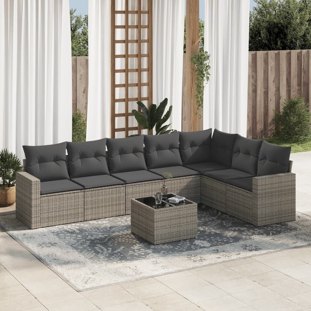 8-tlg. Garten-Sofagarnitur mit Kissen Grau Poly Rattan, Sitzgruppe 3219050