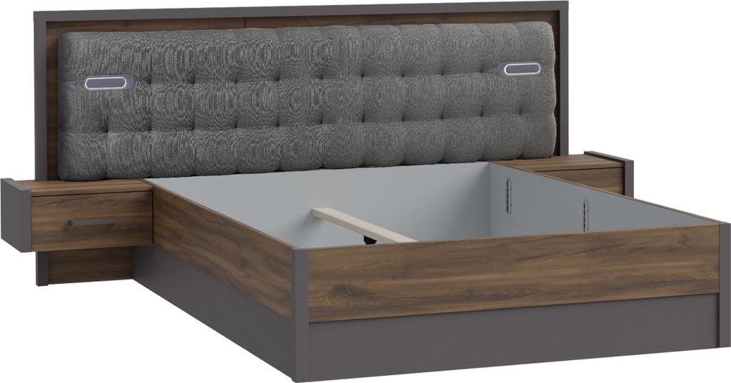 Furniture24 Bettgestelle Mit Nachttische Pembury Dlcl4142B-M778 Bett 140X200 Cm Led Justus Eiche/Wolframgrau