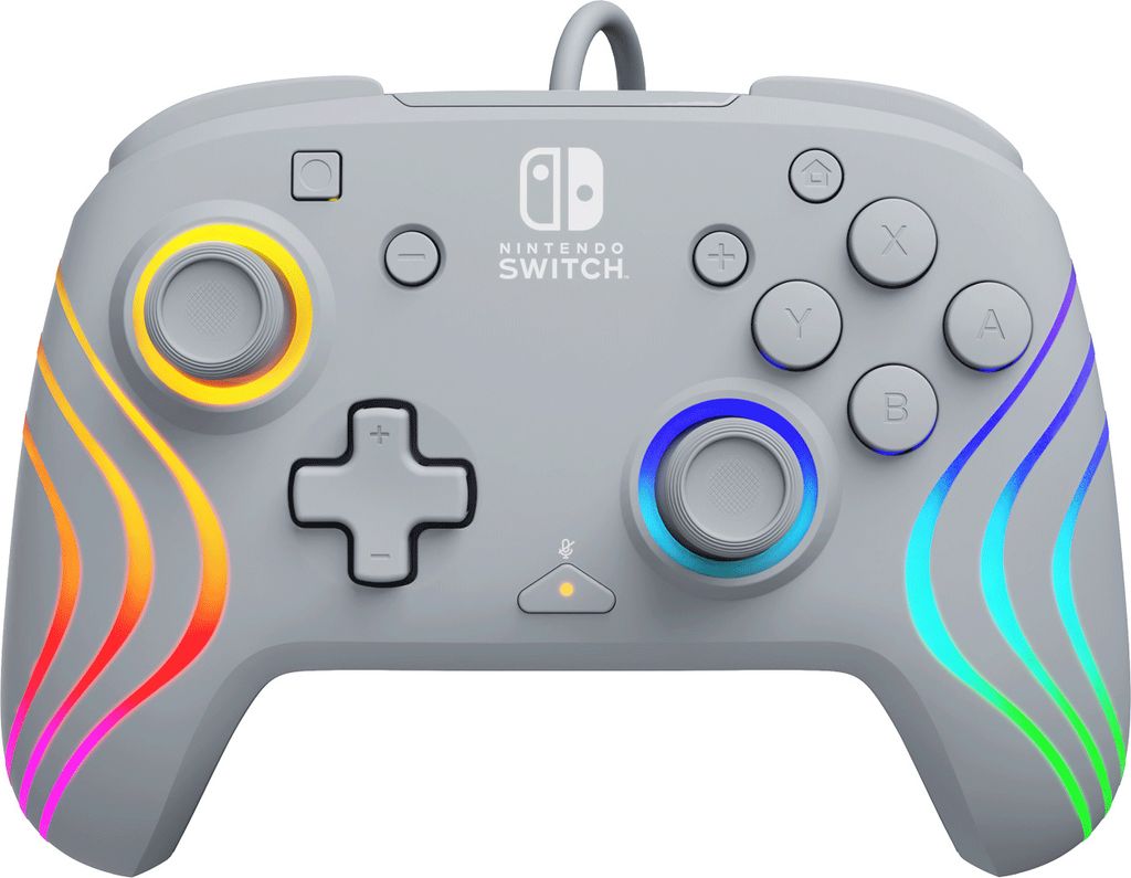 A gray Nintendo Switch controller with colorful LED accents.