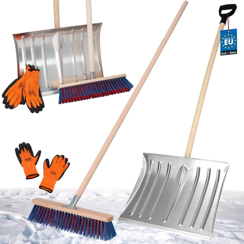 KOTARBAU Set Schneeschaufel mit Holzstiel 137 cm Straßenbesen 43 cm + Handschuhe Schneeschieber Snow Shovel Schneeräumer Gartenbesen mit Stiel ...