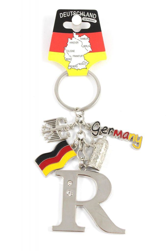 Schlüsselanhänger "R" H.: 11cm Buchstaben/Letter/Initalien/Alphabet/ABC mit Glitzersteinen & Charms Bierkrug/Adler/Deutschland-Fahne/Germany