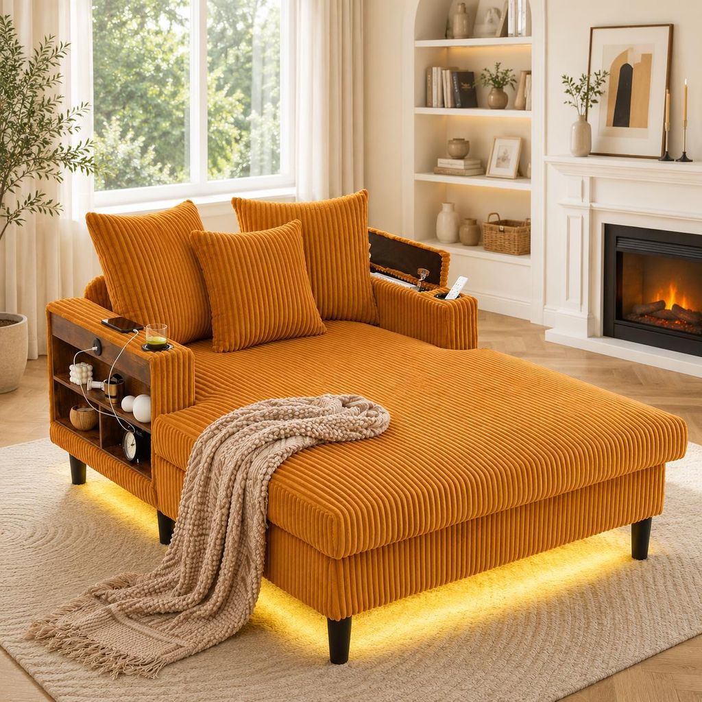 Cordsofa mit Chaiselongue Lounge Sofa mit LED-Beleuchtung USB Getränkehalter Couch mit Stauraum Seitentasche Wohnzimmersofa Eckcouch Polstersofa R...