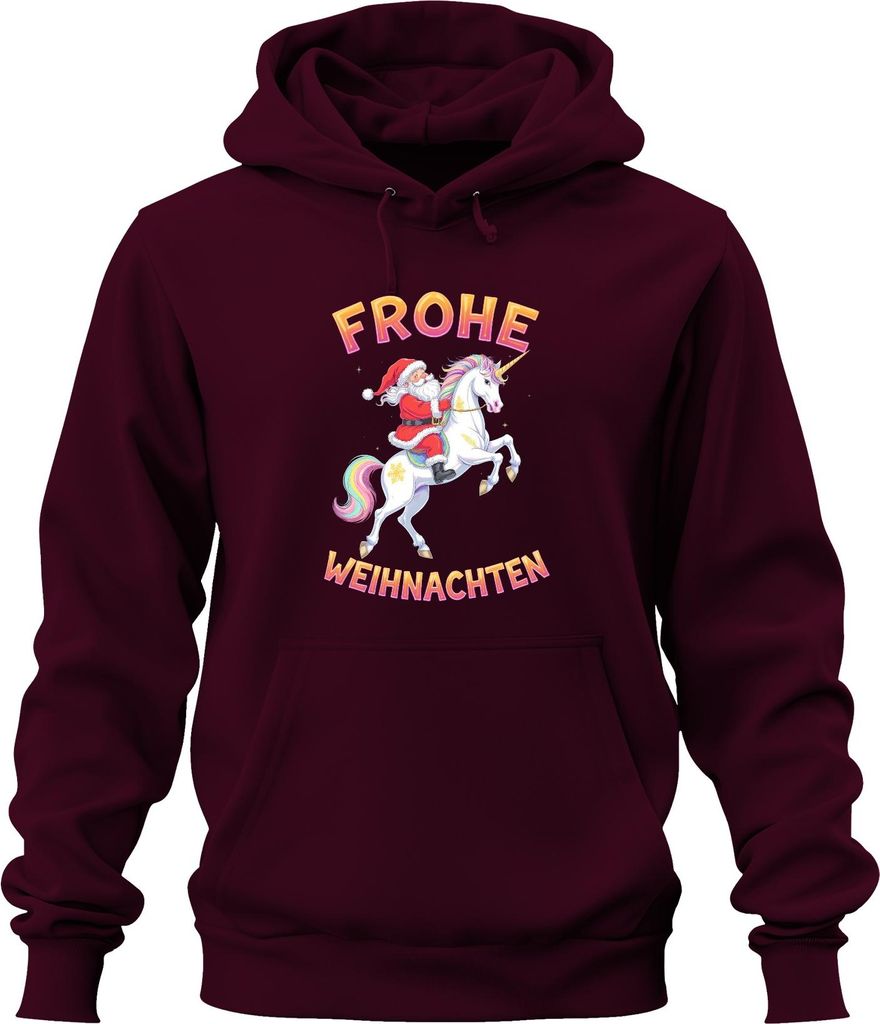 Frohe Weihnachten Weihnachtsmann Einhorn Regenbogen Kinder Lustig Uni Hoodie Kapuzenpullover, Burgundy, S