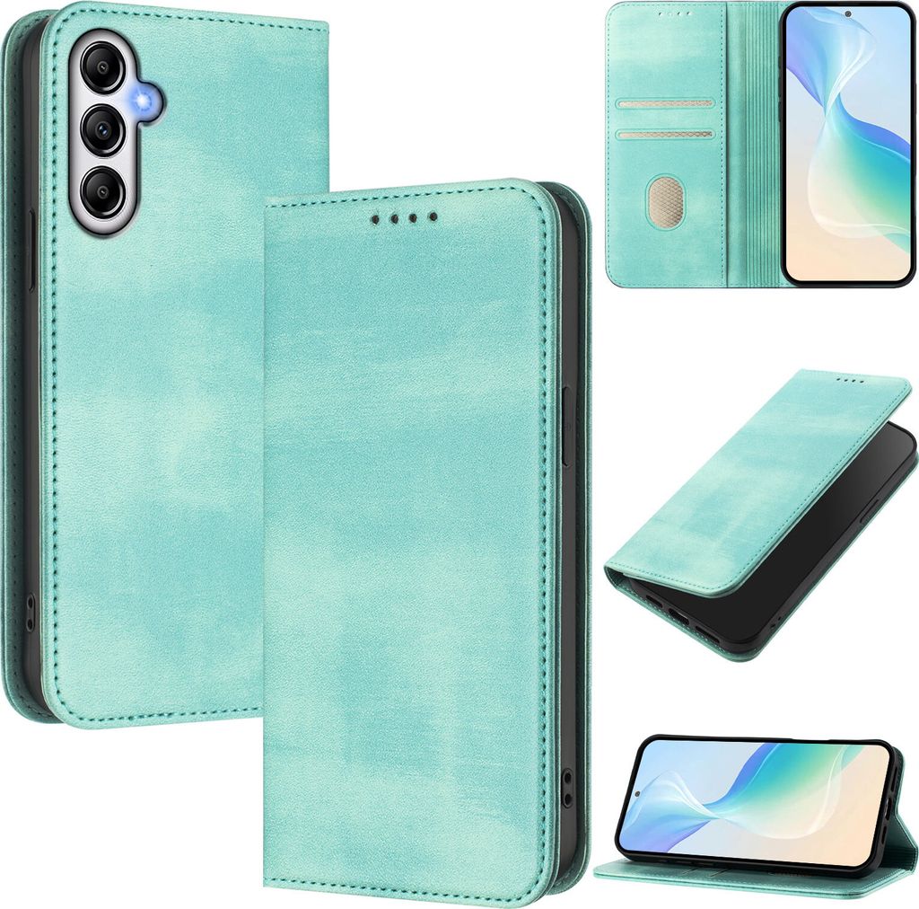 Handyhülle für Samsung Galaxy A54, Vintage Leder RFID Schutz Kartenfach Standfunktion Magnetische Klapphülle Türkis