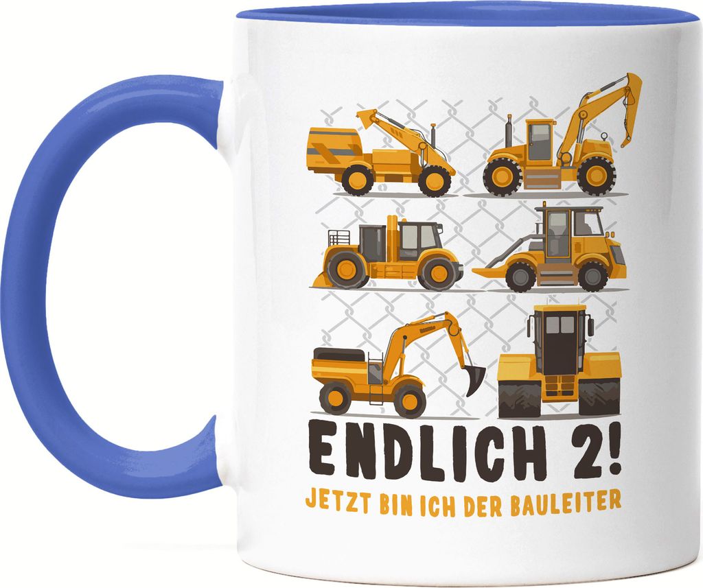 Endlich 2 Tasse Blau 2. Geburtstag Geburtstagskind Kindergeburtstag Bagger Baustelle Baumeister