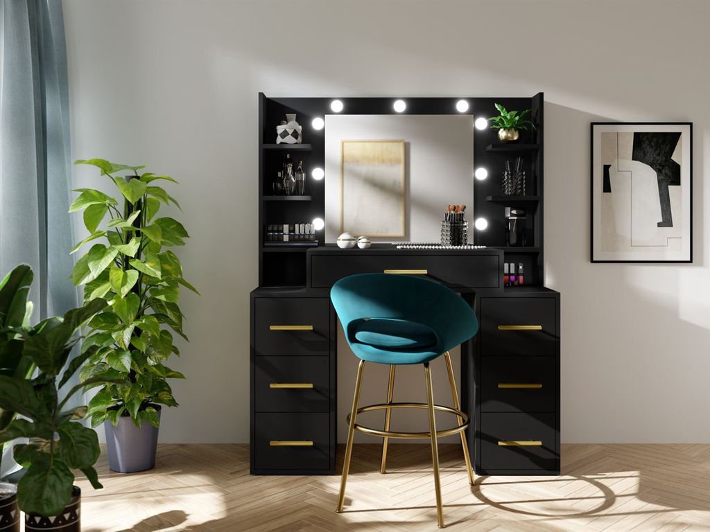 Schminktisch mit Spiegel BERTHA – schwarz + GRATIS LED-Beleuchtung