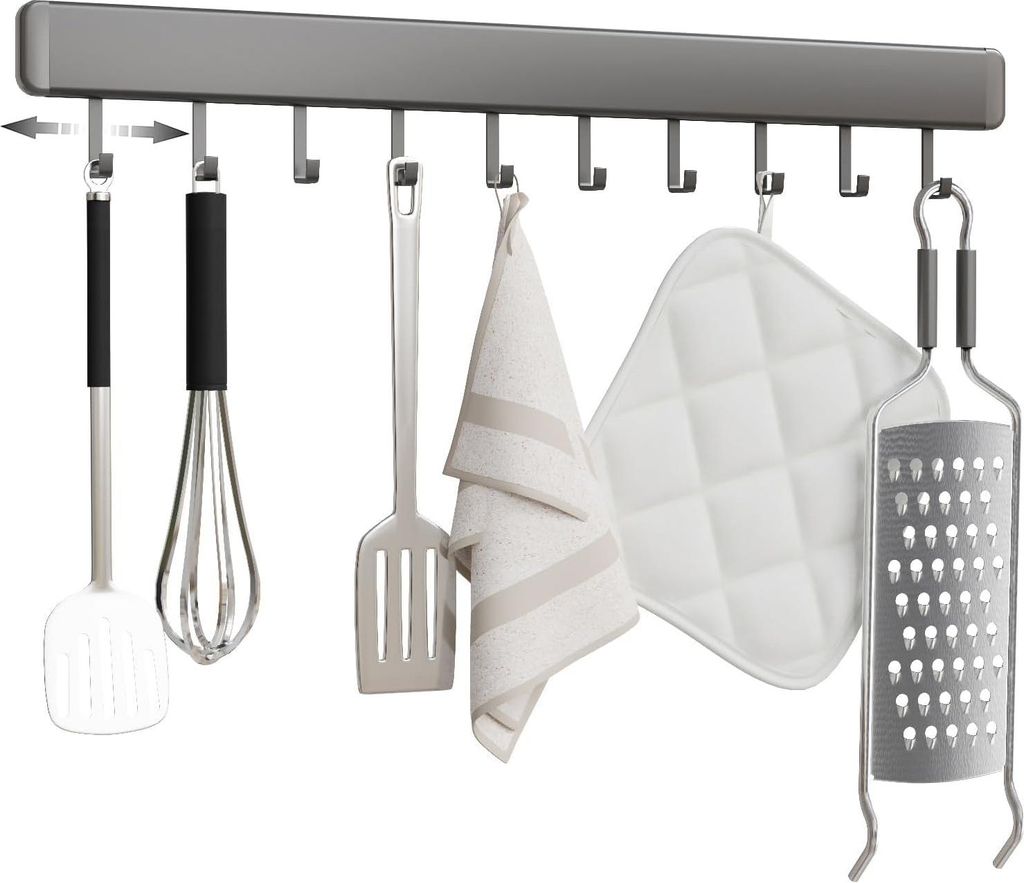 Selbstklebender Küchenutensilienhalter mit 10 beweglichen Haken - Wandmontierte Aluminium-Aufhängeleiste 50CM