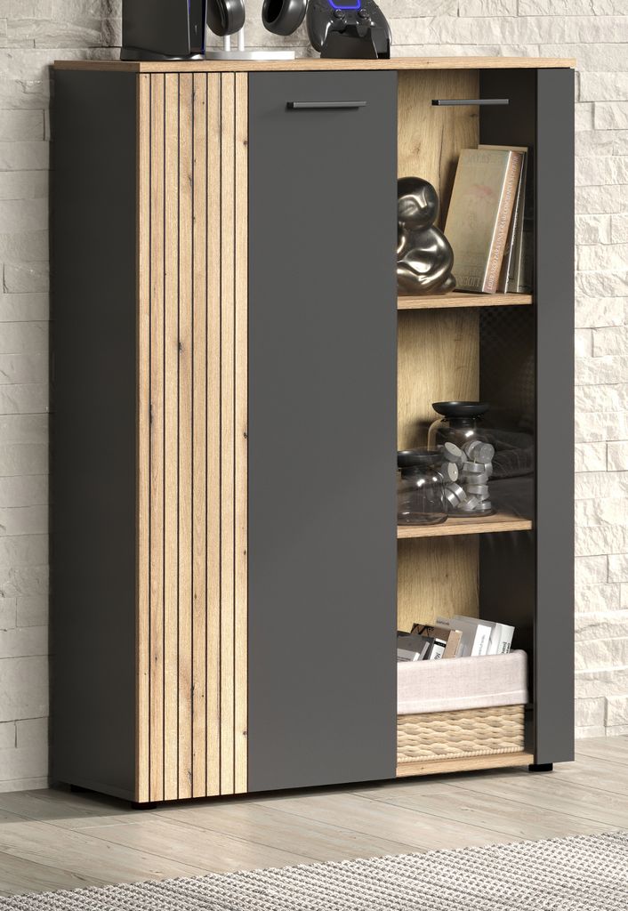 Highboard "Avila" grau und Eiche Vitrine 90 x 132 cm mit Produktbild 