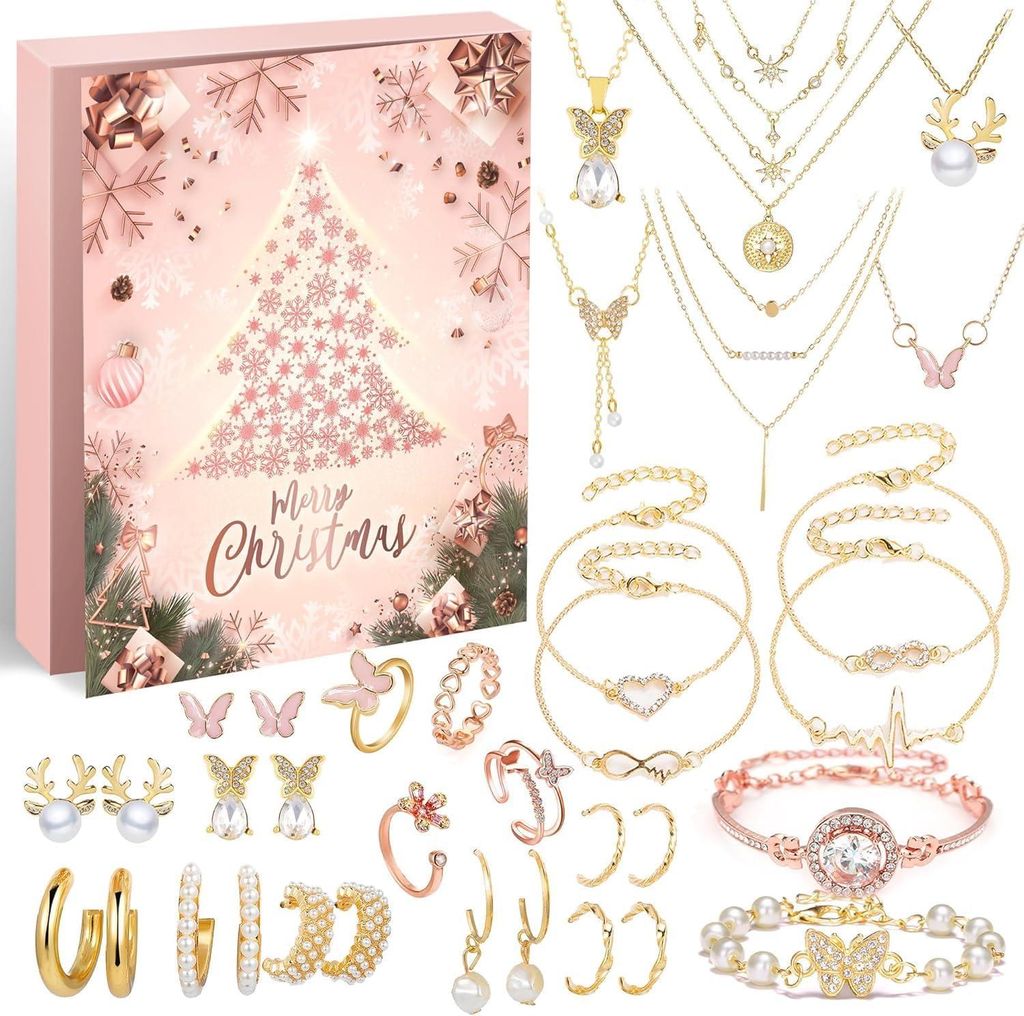 Adventskalender Schmuck 2025 Frauen Mädchen, 24 Roségold Überraschungen mit Armband Halskette Ohrringe, Weihnachtsgeschenk für Damen Teenager &...