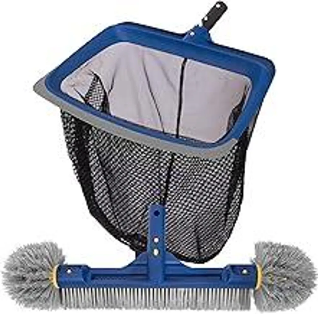 Set per la pulizia della piscina POOLAZA, rete a maglia fine e spazzola per piscina con estremità arrotondate per la pulizia, rete per piscina con telaio robusto e spazzola da 46 cm con manico integrato, adatta per aste standard.