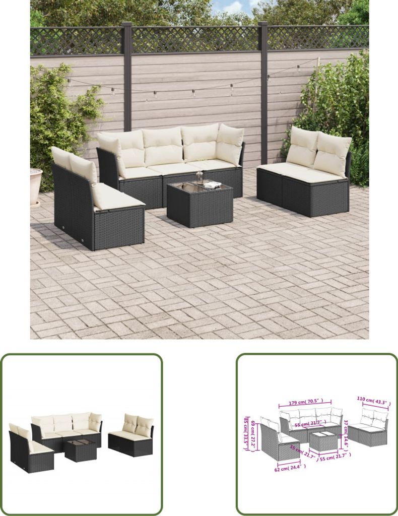The Living Store 8-tlg. Garten-Sofagarnitur mit Kissen Schwarz Poly Rattan