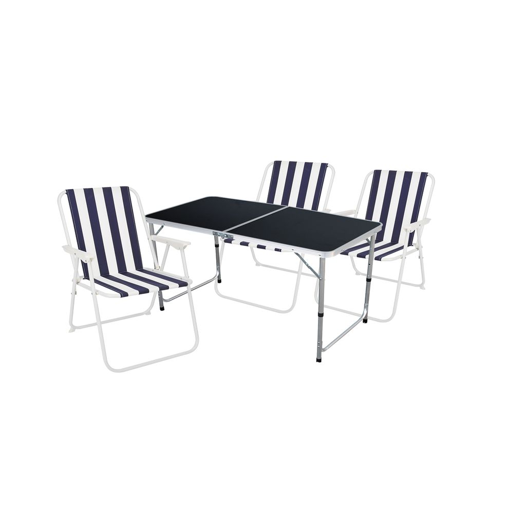 4-teiliges Campingmöbel Set Black Alu 120x60x58/70cm Blau-Weiß