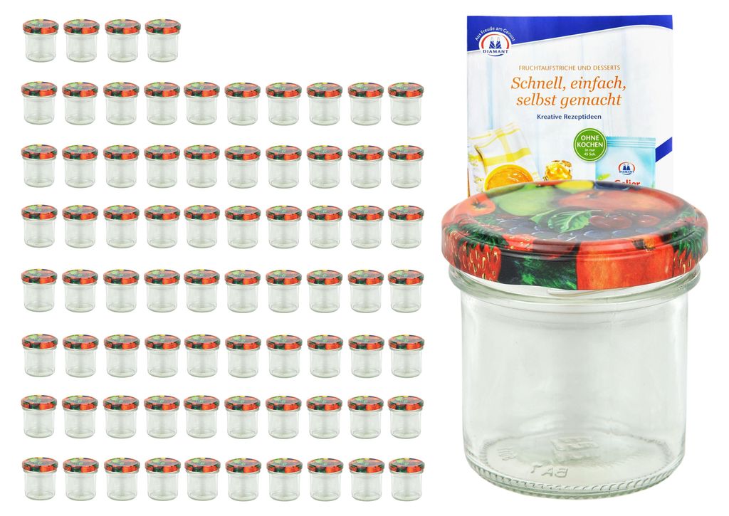 75er Set Sturzglas 167 ml To 66 Obst Dekor Deckel Einmachgläser Einkochgläser incl. Rezeptheft