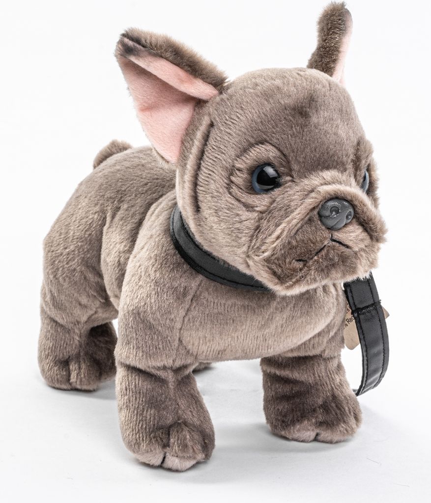 Uni-Toys - Französische Bulldogge (grau) mit Leine - 26 cm (Länge) - Plüsch-Hund, Dogge - Plüschtier, Kuscheltier