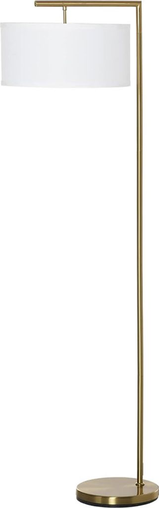 A modern floor lamp with a gold metal frame and a white drum shade, shown against a white background.