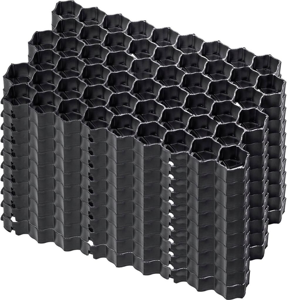 A stack of black honeycomb-shaped plastic grid structures.
