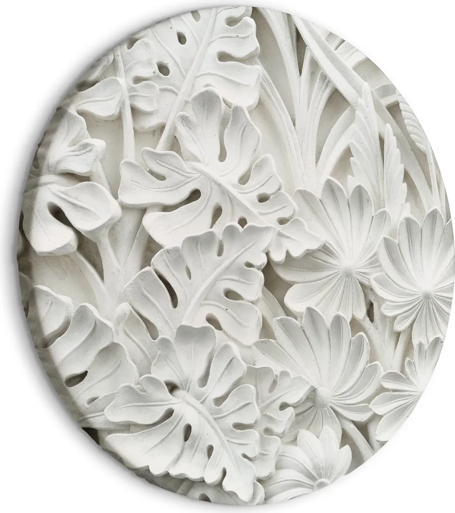 Italienischer Leinwand Rundes Bild - Natura intagliata - Motivo con foglie bianche in pietra 60x60 cm Muster n-G-10000-bc-a