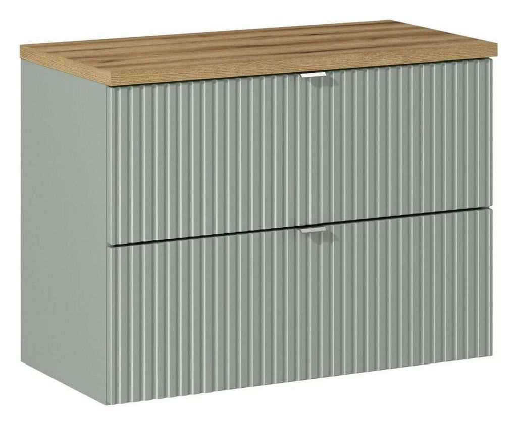 Waschbeckenunterschrank - Mit Arbeitsplatte (80 cm) & Unterschrank (80 cm, 2 Schubladen), Line Reed Green L BM94 - Schilfgrün/ Evoke Eiche