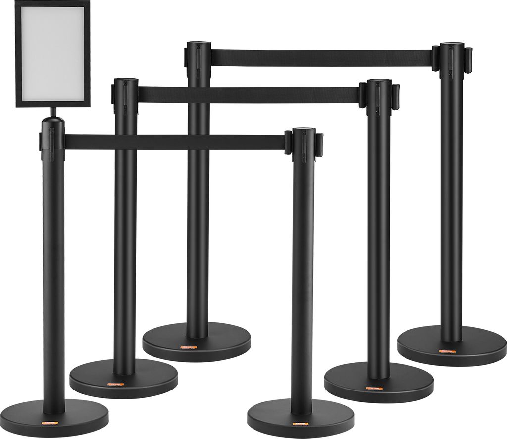 VEVOR Personenleitsystem Absperrband Absperrständer 6-teilig, 2 m x 48 mm Schwarzer Einziehbarer Gürtel, Personenleitsystem Absperrpfosten mit Sc...