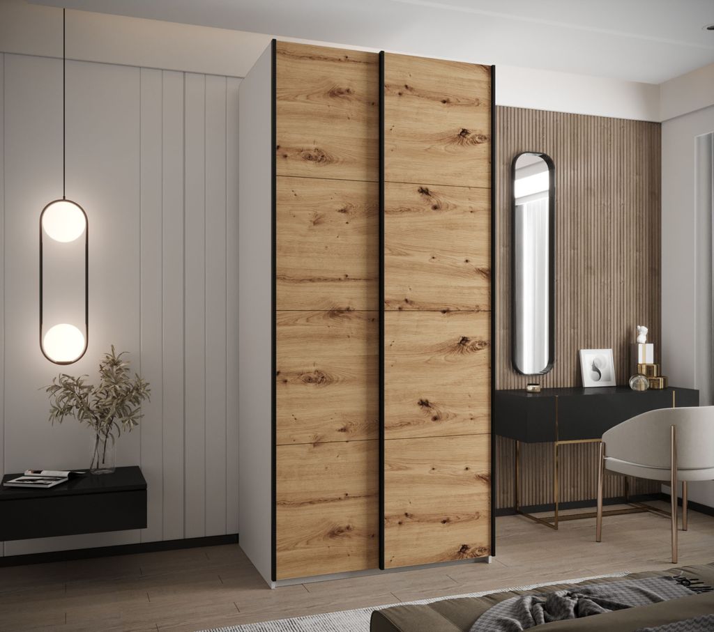 Zweitüriger Kleiderschrank SAMARA 1 - 120 cm, weiß / Eiche handwerklich / schwarz
