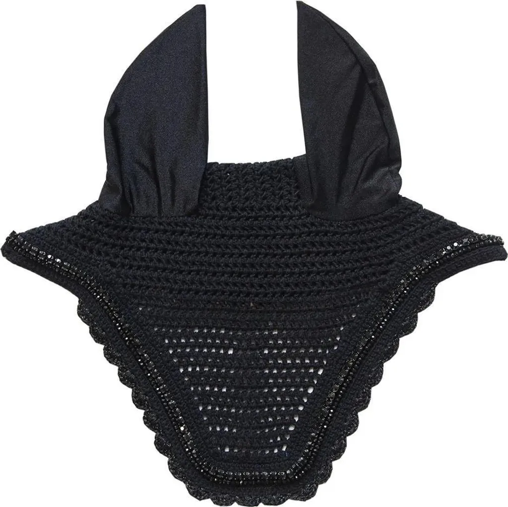 Bonnet anti-mouches pour cheval noir avec perles et pierres brillantes