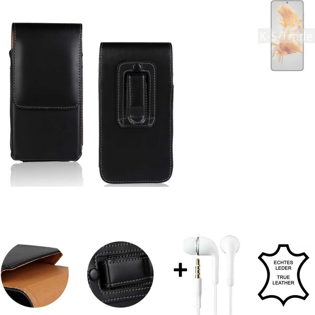 K-S-Trade Leder Gürteltasche + Kopfhörer kompatibel mit Huawei Mate 50E Seitentasche Belt pouch Holster Handyhülle Schutz Hülle Etui schwarz 1x