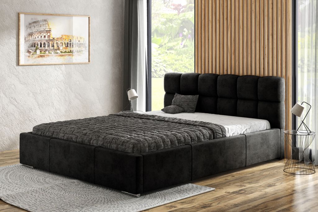 AGMAT Polsterbett MALTA mit Kopfteil, 200 x 200 cm, Doppelbett mit Bettkasten und Lattenrost aus Metall, Velourstoff: Schwarz