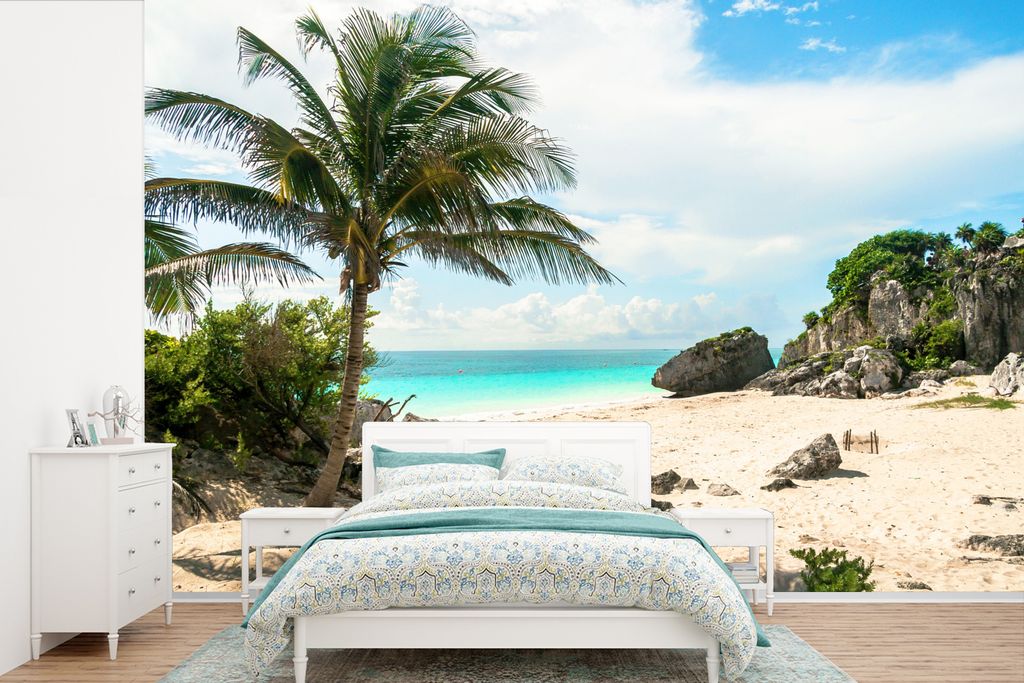 MuchoWow Fototapete für Wohnzimmer oder Schlafzimmer Wandtapete Vinyl Motivtapete Palme am Strand von Playa del Carmen, Mexiko - 390x260 cm - Pa...