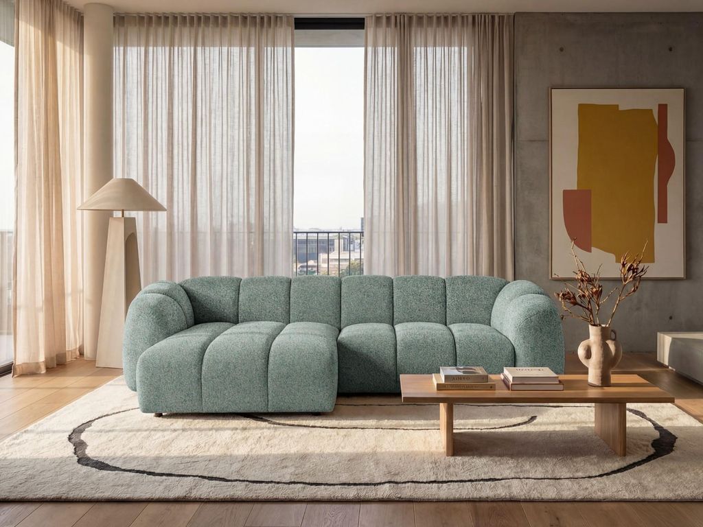 Mali Design Ecksofa 280X150 Cm | L-Form Couch In Premium Puente-Strukturstoff |33 Salbeigrün| Ottoman Links
