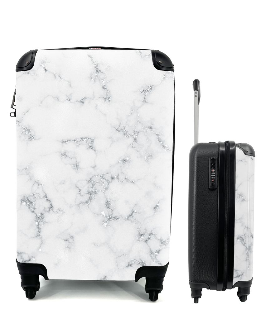 MuchoWow Koffer Handgepäck Trolley Rollkoffer Kleine Reisekoffer mit 4 Rollen - Marmor - Weiß - Silber - Glitter - Marmoroptik - Chic - Cabin S...